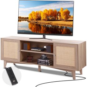 VEVOR Rattan TV Stand, Mid Century Modern TV Stand for 75 inch TV, Boho Rattan TV Cabinet with Build-in Socket and USB Ports