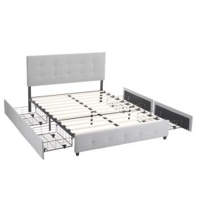 Upholstered Queen Platform Storage Bed Frame with 4 Drawers, Adjustable Headboard with Button Tufted Design, Wooden Slat Support, No Box Spring Needed