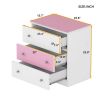 3-Drawer Wooden Nightstand with Colorblock Design and Plastic Handle, Wood Side Table with Storage Cabinet for Bedroom, White+Pink