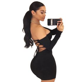 Summer Dress Sexy Back Lace Up Off The Shoulder Mini Dress Women Bodycon Club Dresses Fashion Vestidos (Color: Black, size: XL)