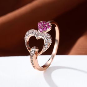 Delicate Double Heart Shape Ring Inlaid Pink Zircon 18K Gold Plated Hand Decoration For Women Valentine's Day Jewelry (Color: Rose Red, size: 8)