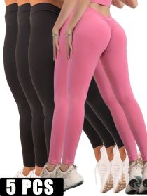 5 Pack Women's Solid Color Hip-raising High-waisted V-back Waist Seamed Yoga Fitness Tights (Color: 5PACK5, size: L)