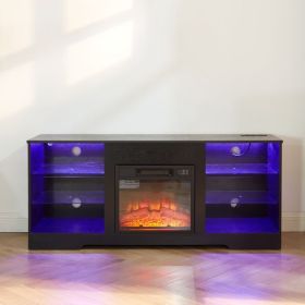 TV Stand Electric Fireplace Glass Shelves (Color: as picture)