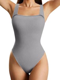 Women's One-piece Set Sleeveless Square Neck Skinny Yoga Bodysuit, Women's Sportswear Clothing (Color: Grey, size: S)