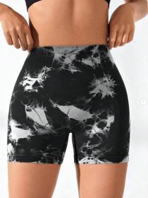 Women's Tie Dye High Waist V-Back Scrunch Yoga Shorts, Seamless Sport Athletic Shorts With Stretch Fabric, Fitness Workout Bottoms (Color: Black, size: S)