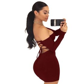 Summer Dress Sexy Back Lace Up Off The Shoulder Mini Dress Women Bodycon Club Dresses Fashion Vestidos (Color: Burgundy, size: L)