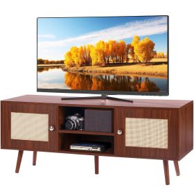 VEVOR Rattan TV Stand, Boho TV Cabinet for 55 inch TV, Mid Century Modern TV Stand, Rattan TV Console with Adjustable Shelfs for Living Room (Color: Walnut, size: 47 inches)