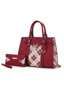 MKF Collection Christine Plaid Vegan Leather Women Satchel Bag with Wallet by Mia k (Material: Polycarbonate, Color: Burgundy-Red)